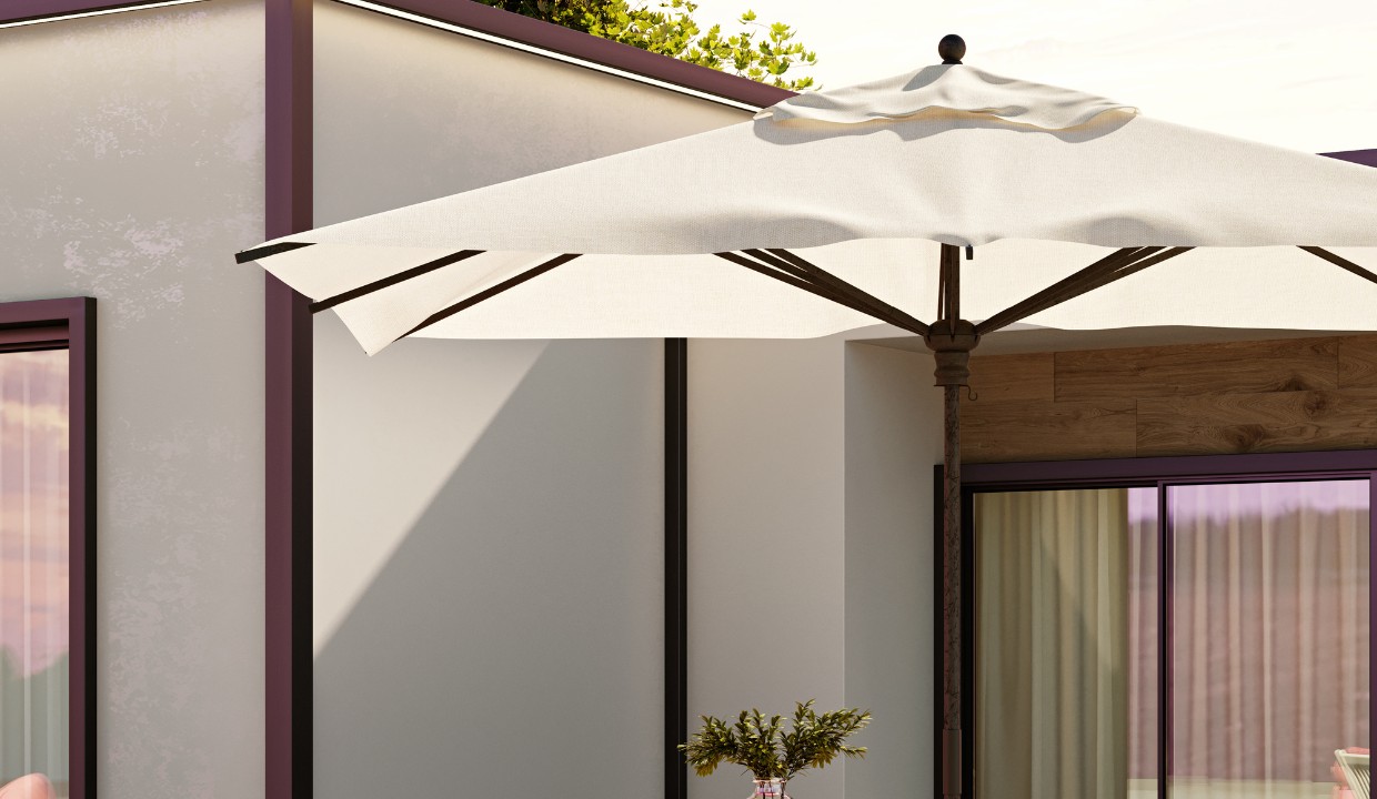 White umbrella in modern backyard