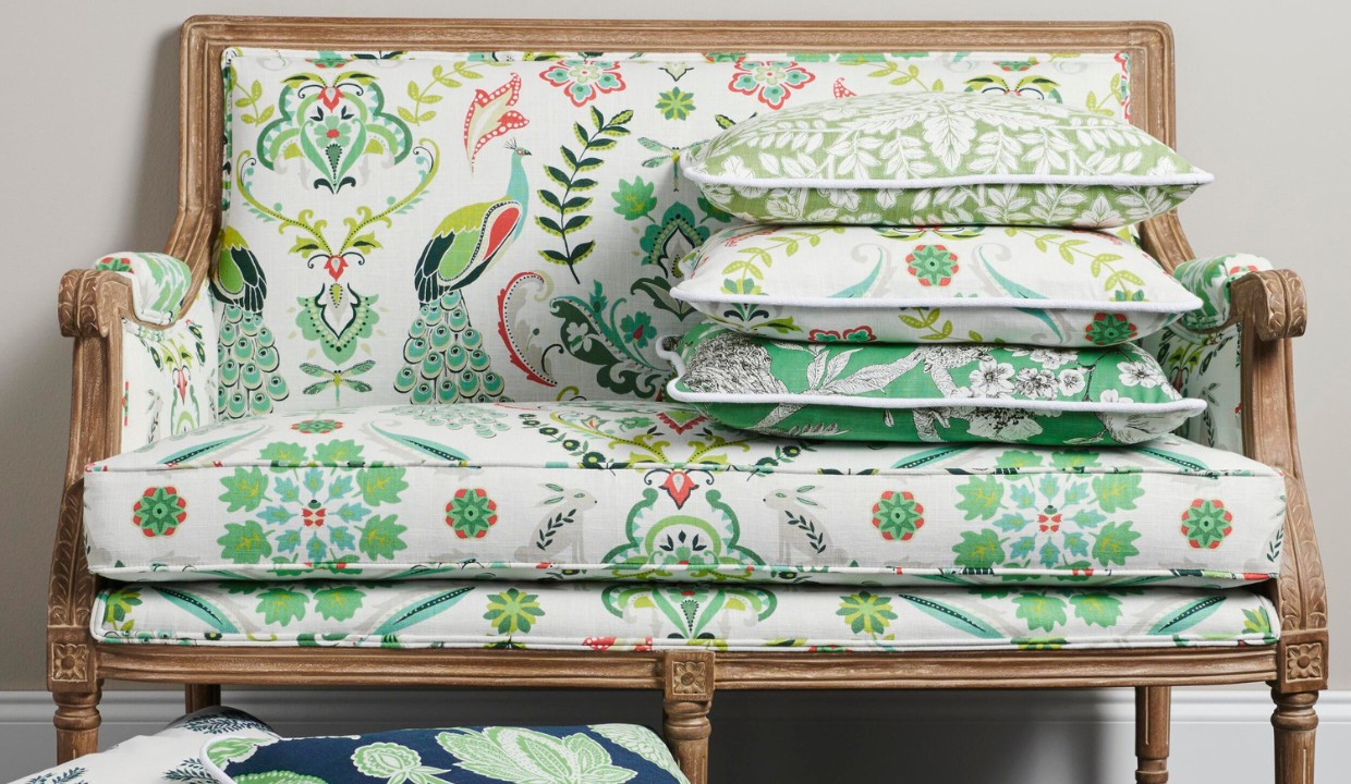 Green and white pattern wood couch