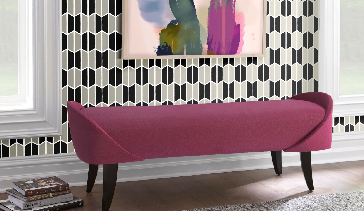 Pink bench in a commercial hallway with exciting wall covering