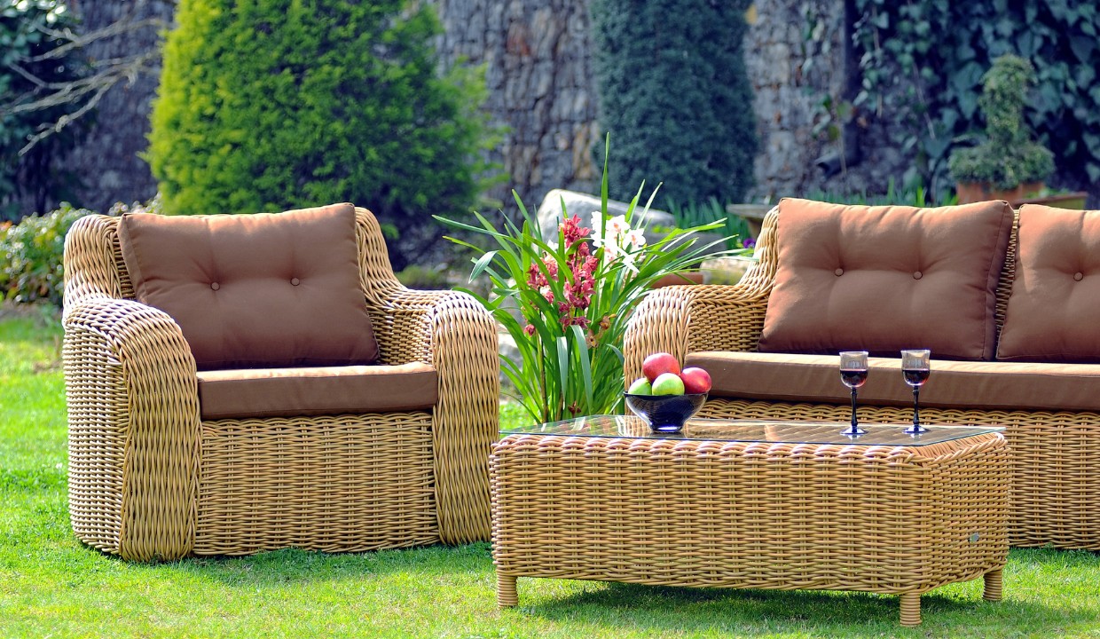 Outdoor woven chairs with plush cushions