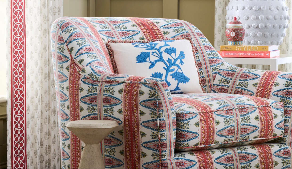Zig-zag custom pattern cushions on armchair with custom pillow cover